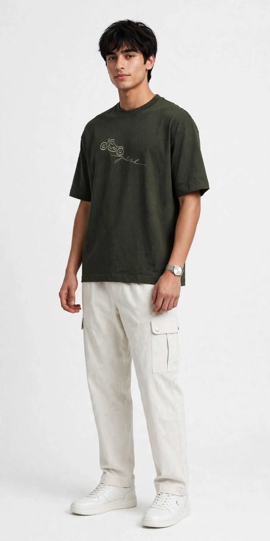Just Ride - Olive Green Regular Fit Embroidered T-Shirt