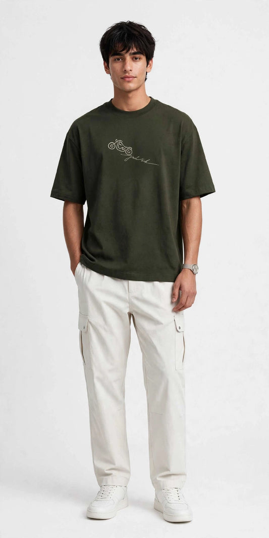 Just Ride - Olive Green Regular Fit Embroidered T-Shirt