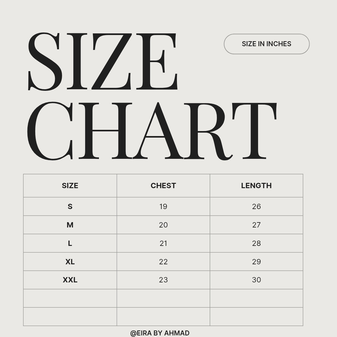 Size chart for clothing with measurements in inches