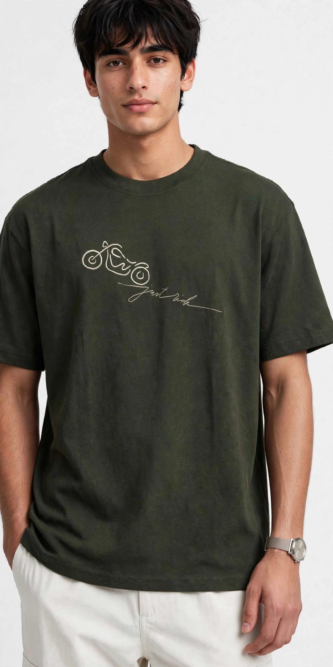 Just Ride - Olive Green Regular Fit Embroidered T-Shirt